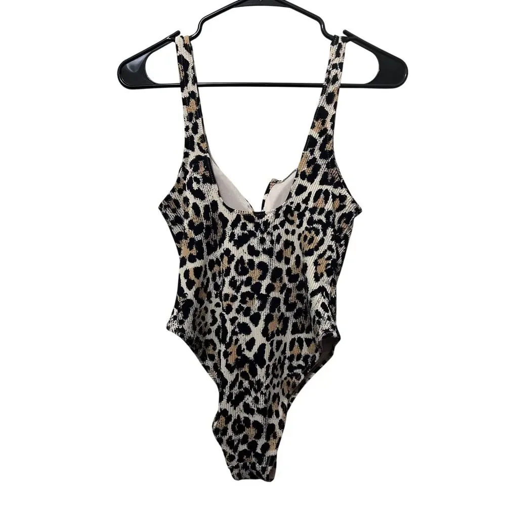 H&M Leopard Print Ribbed One-Piece Swimsuit Women's Small Textured Animal Print